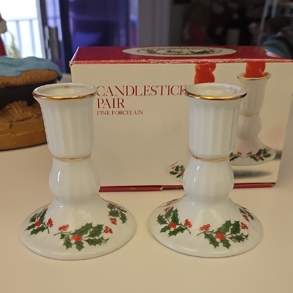 Festive Holly Porcelain Candle Holders